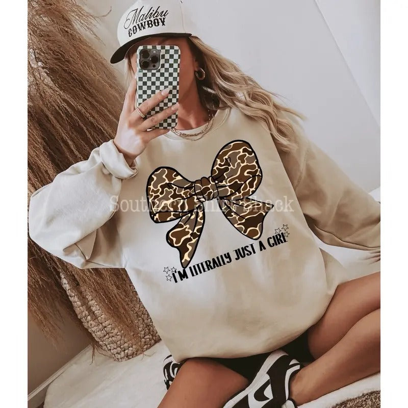 Literally Just A Girl camo bow  Sweatshirt - Gildan Sand 50/50 - Sublimation Printed