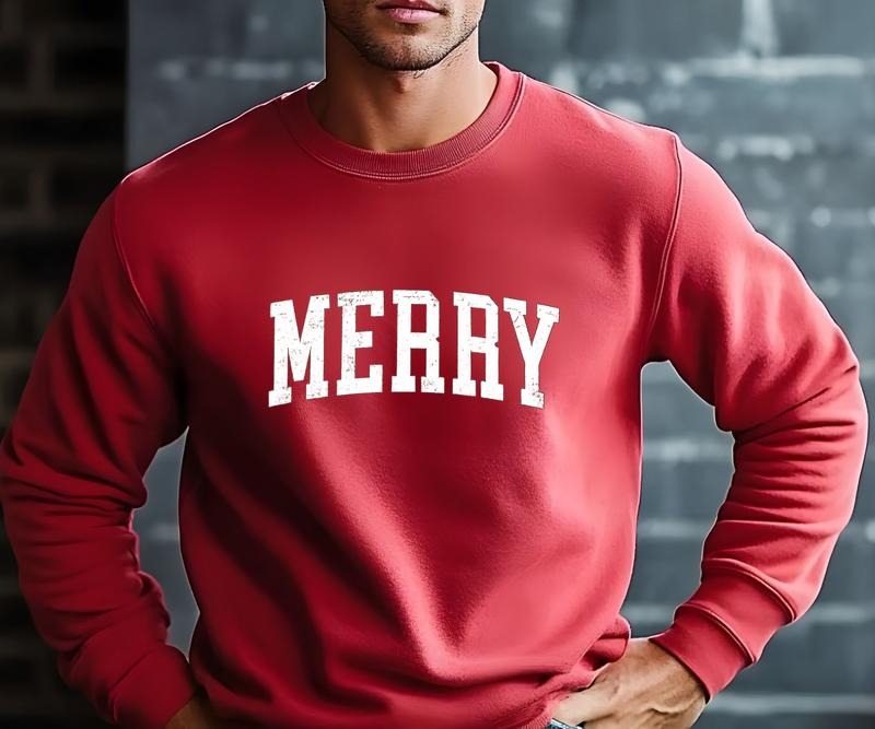 Vintage MERRY Design on Gildan Crewneck Sweatshirt Long Sleeve 50/50 Cotton Polyester Blend Festive Wear with Santa Elf &...