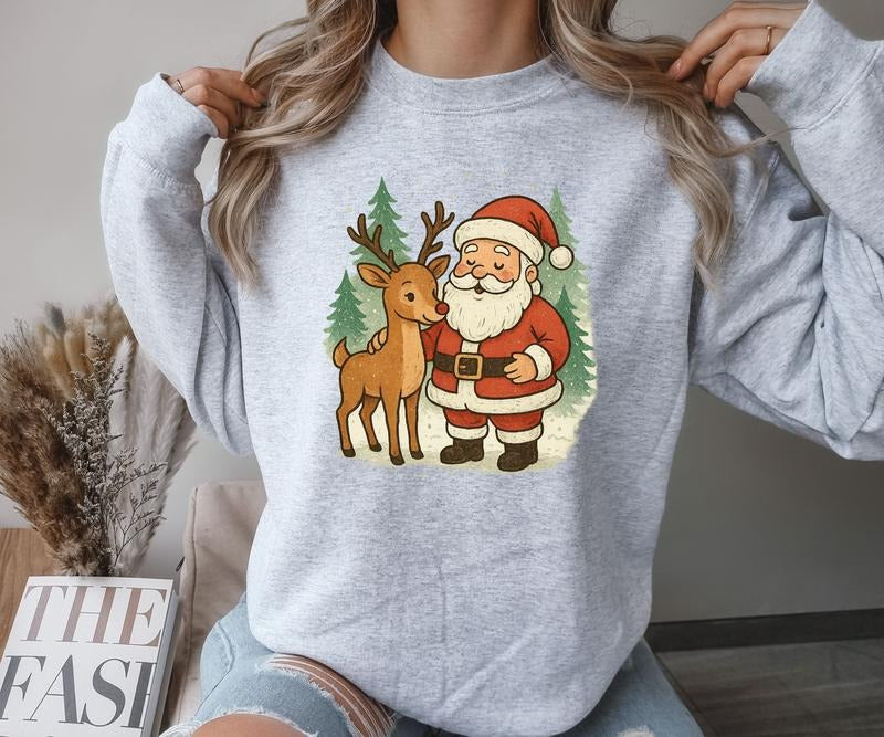 Vintage Christmas Design on Gildan Crewneck Sweatshirt Long Sleeve 50/50 Cotton Polyester Blend Festive Wear with Santa...