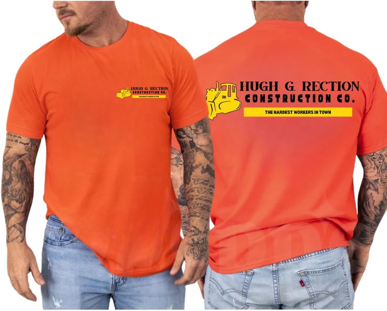 Hugh G. Rection Construction Co Funny Shirt, Adult Humor Construction Shirt for Men, The Hardest Workers in Town, Funny Gag Gift Parody Workwear Tees, Bulldozer Graphic Tshirt Multicolor