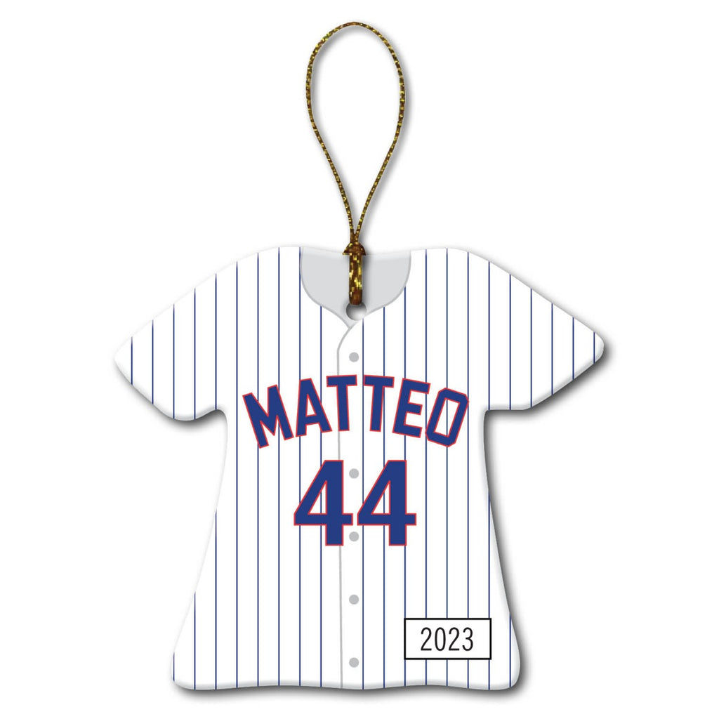 Baseball Jersey Personalized Ornament - Blue/Red Pinstripes