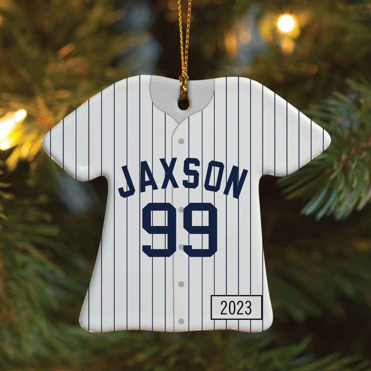 Baseball Jersey Personalized Ornament - Navy Pinstripes