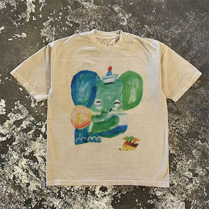 Japanese Brand Beige Elephant Pattern Casual Retro T Shirt Y2k Hoodie Sweatshirt | PrintMintTees.com