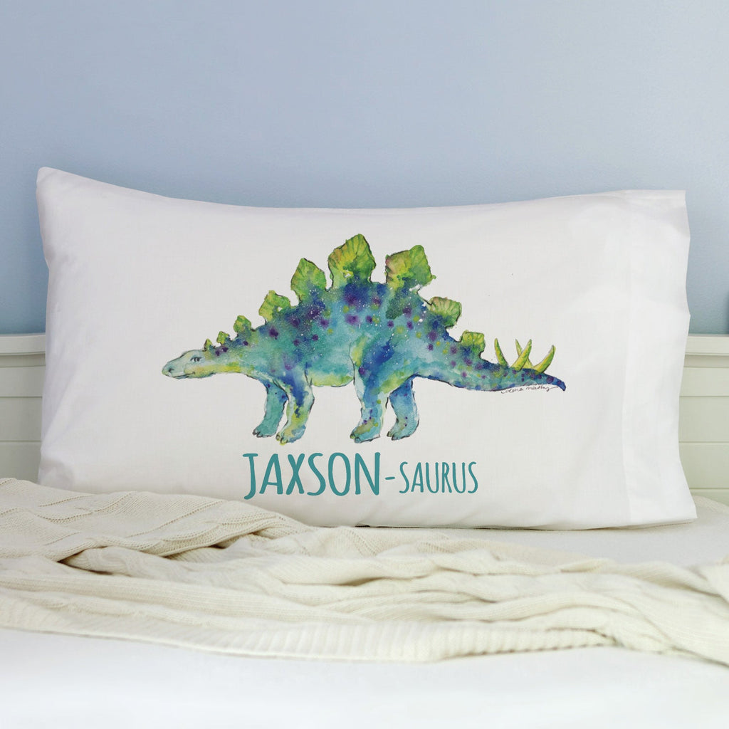 Blue Dino-Name Stegosaurus Personalized Pillowcase
