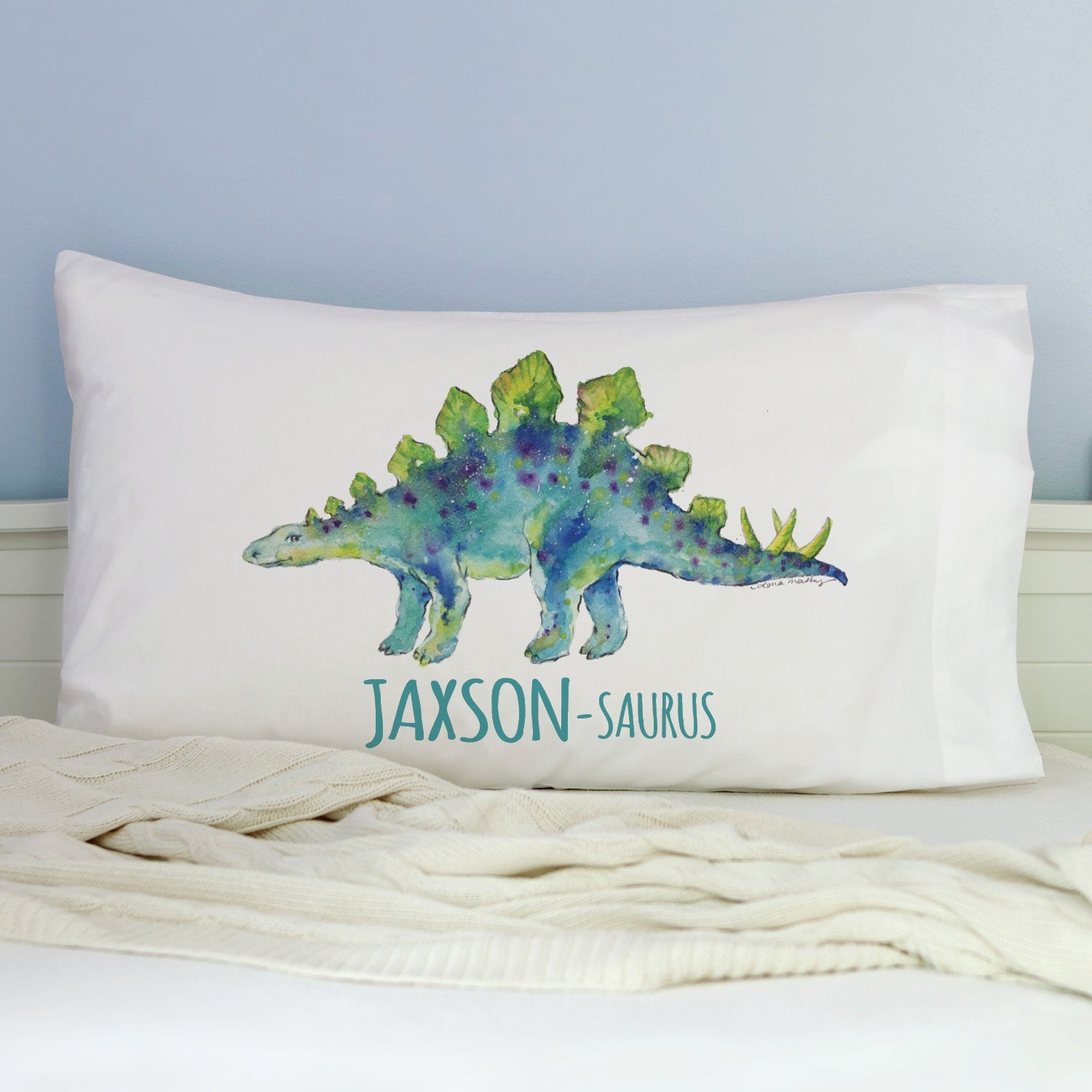 Blue Dino-Name Stegosaurus Personalized Pillowcase