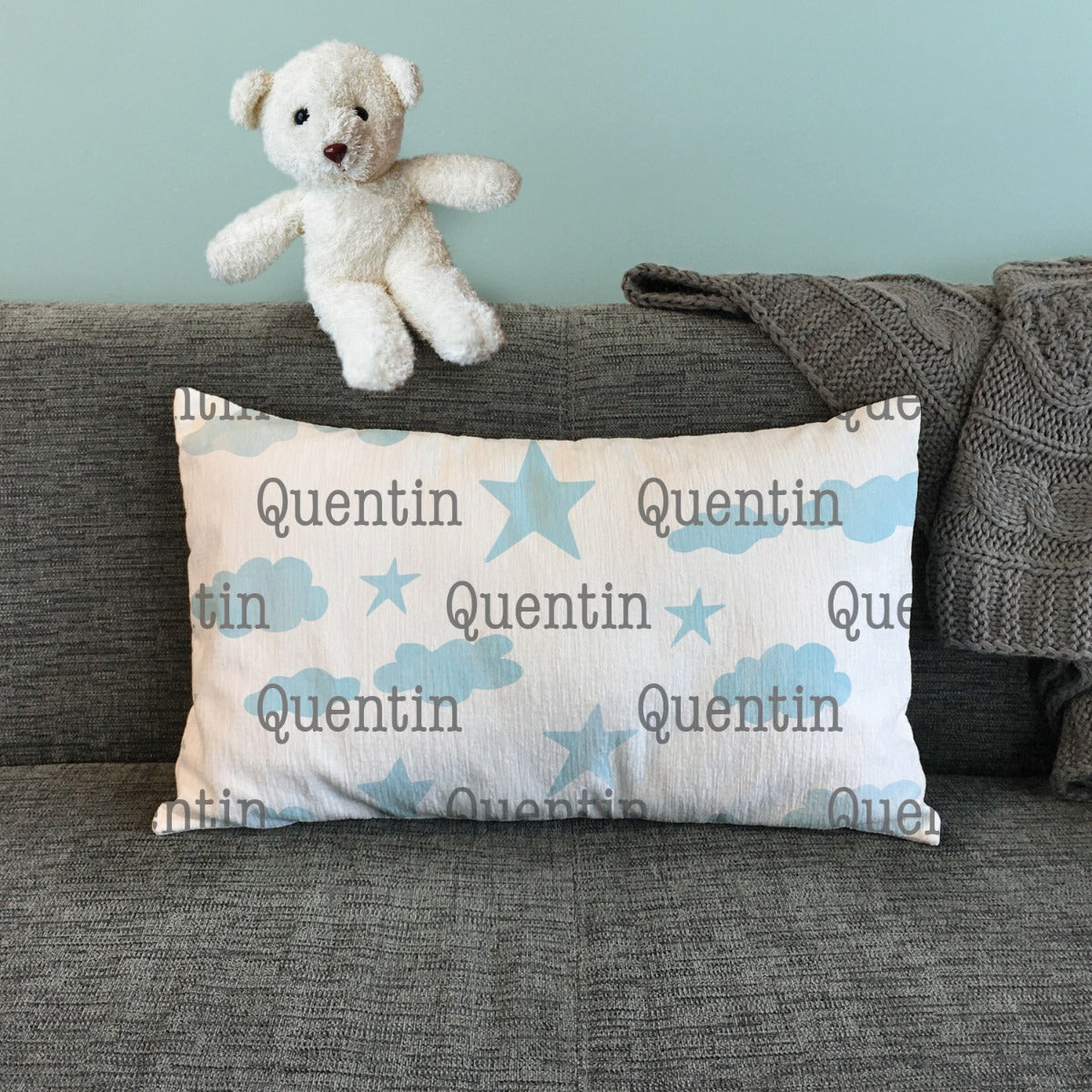 Personalized Blue Stars and Clouds Lumbar  Throw Pillow