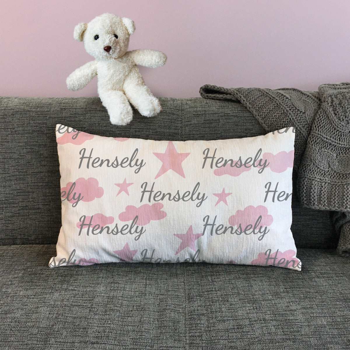 Personalized Pink Stars and Clouds Lumbar Throw Pillow