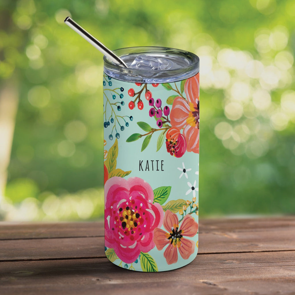 Teal Floral Stainless Steel Tumbler with Straw