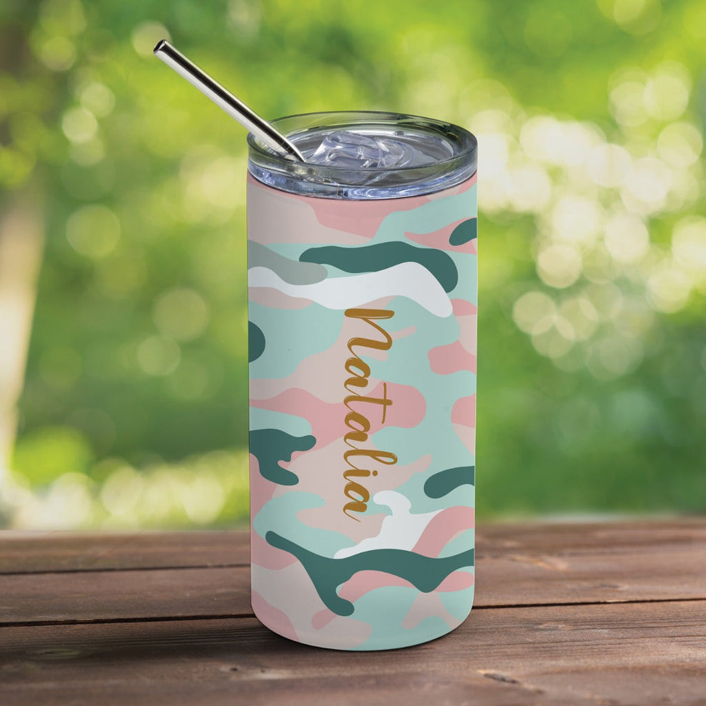 Pink and Teal Camo Stainless Steel Tumbler with Straw