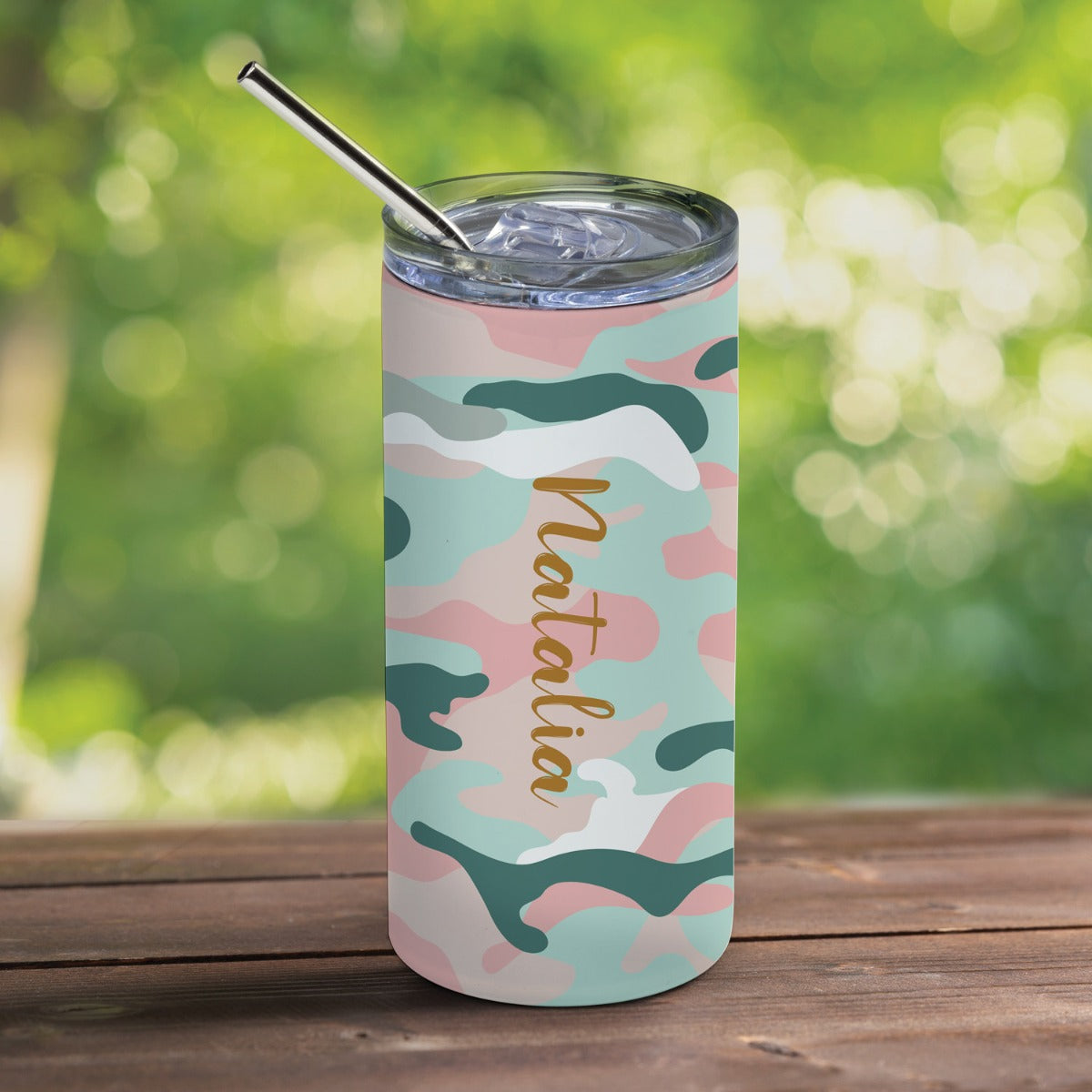 Pink and Teal Camo Stainless Steel Tumbler with Straw