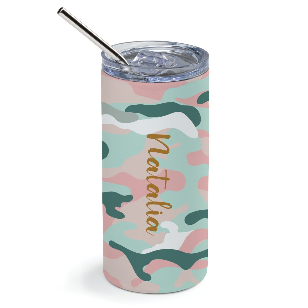 Pink and Teal Camo Stainless Steel Tumbler with Straw
