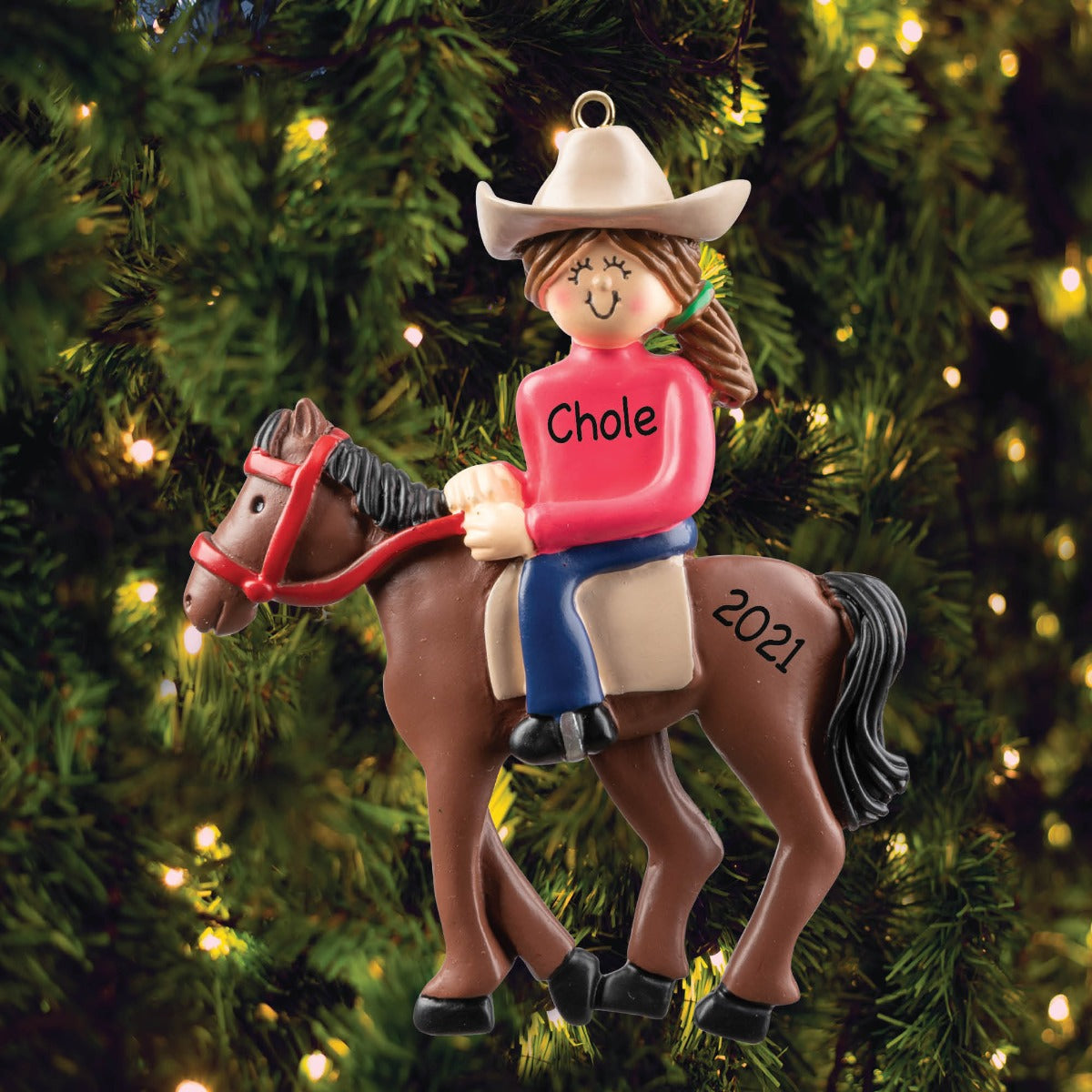 Brunette Female Horseback Personalized Ornament