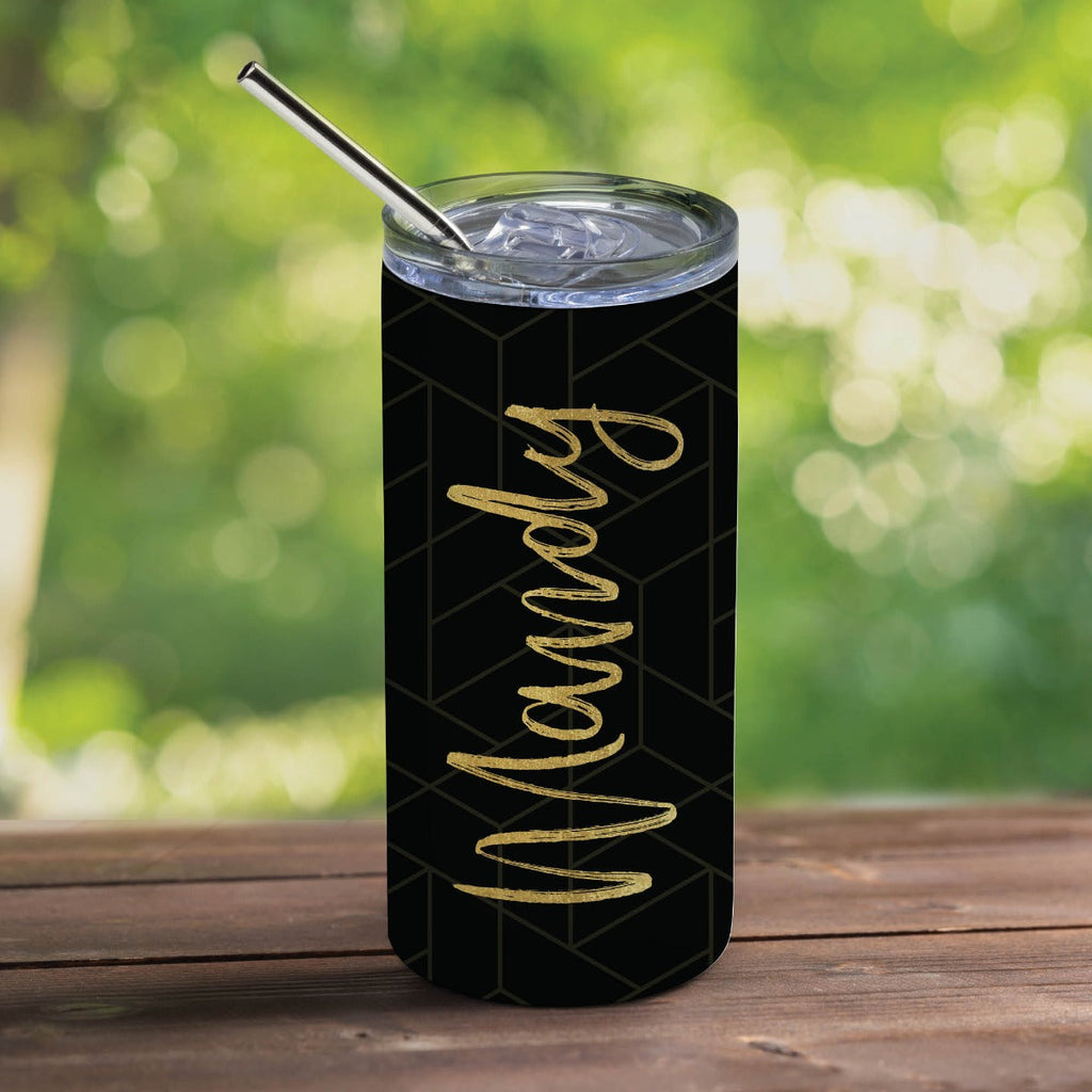 Black Geometric Pattern Stainless Steel Tumbler with Straw