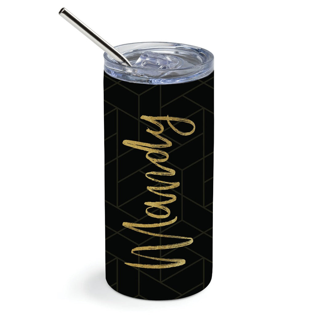 Black Geometric Pattern Stainless Steel Tumbler with Straw
