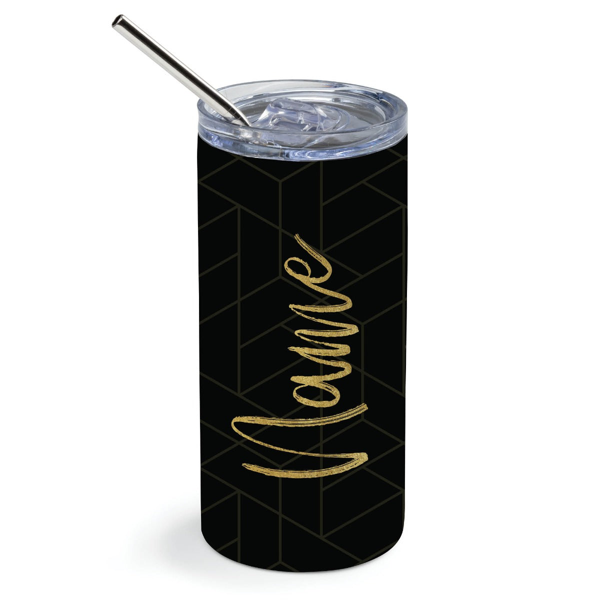 Black Geometric Pattern Stainless Steel Tumbler with Straw