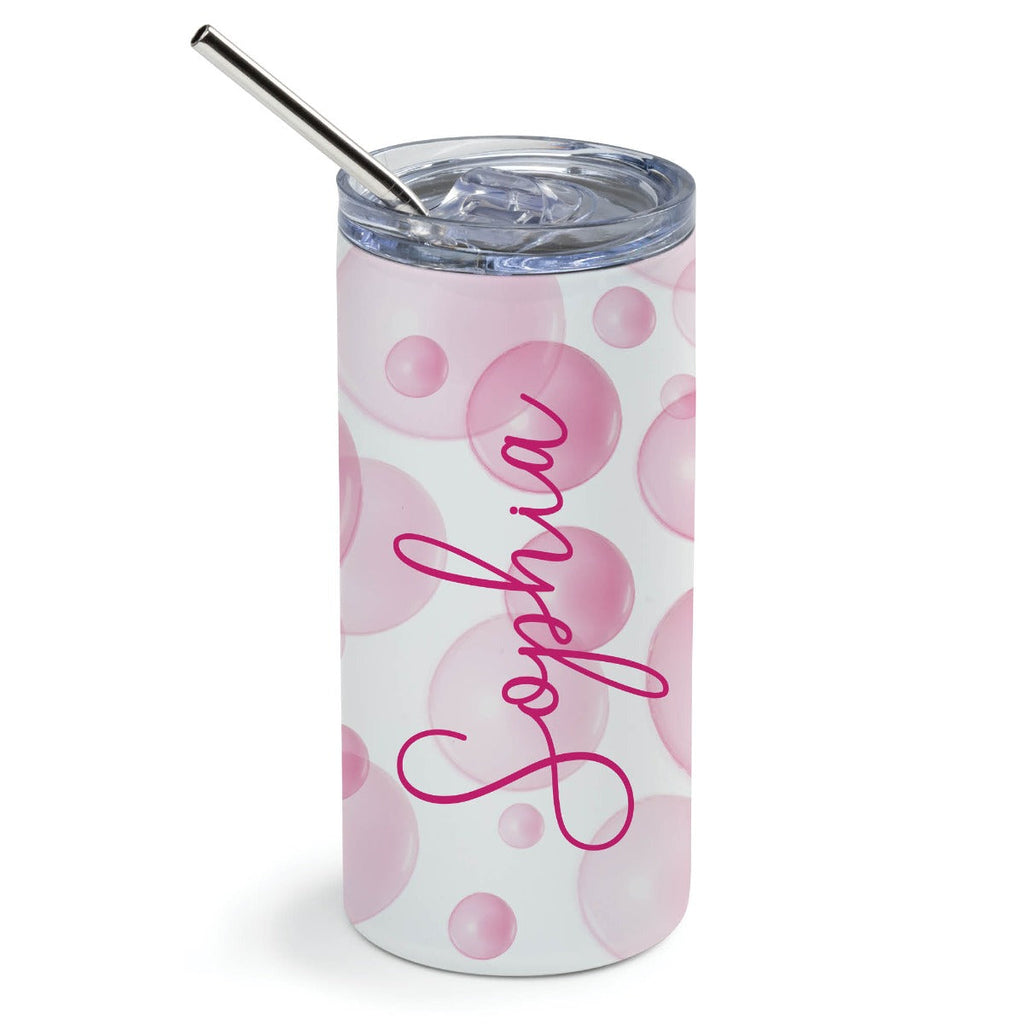 Pink Bubbles and Script Name Stainless Steel Tumbler with Straw