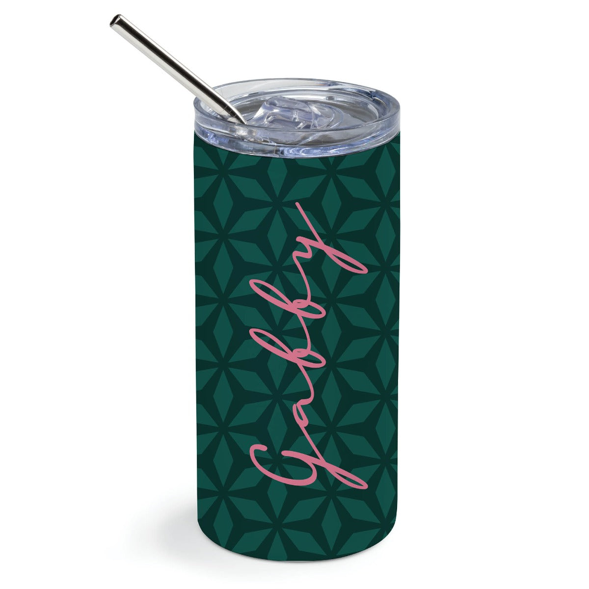 Green Geometric Pattern Stainless Steel Tumbler with Straw