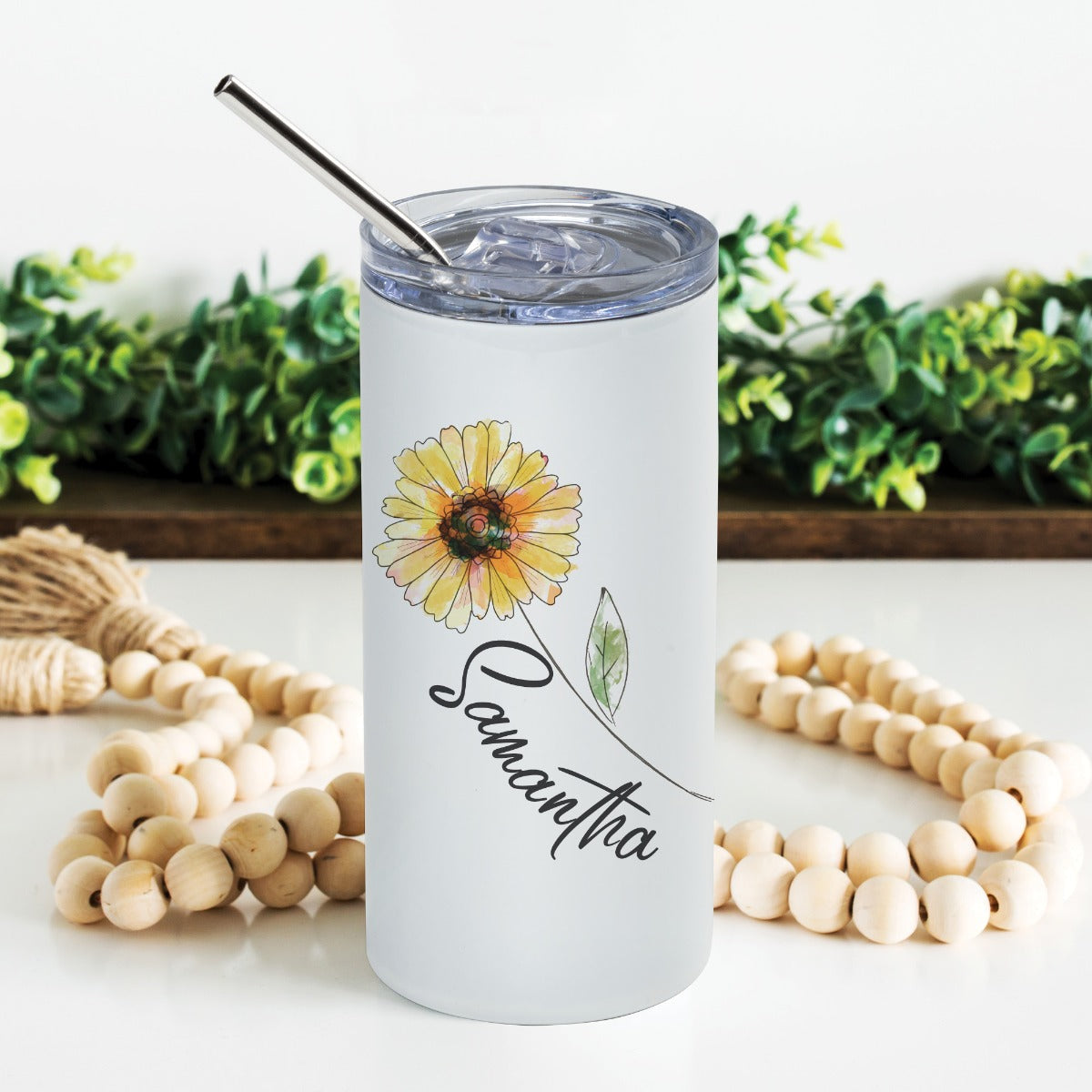 Yellow Flower Stainless Steel Tumbler with Straw