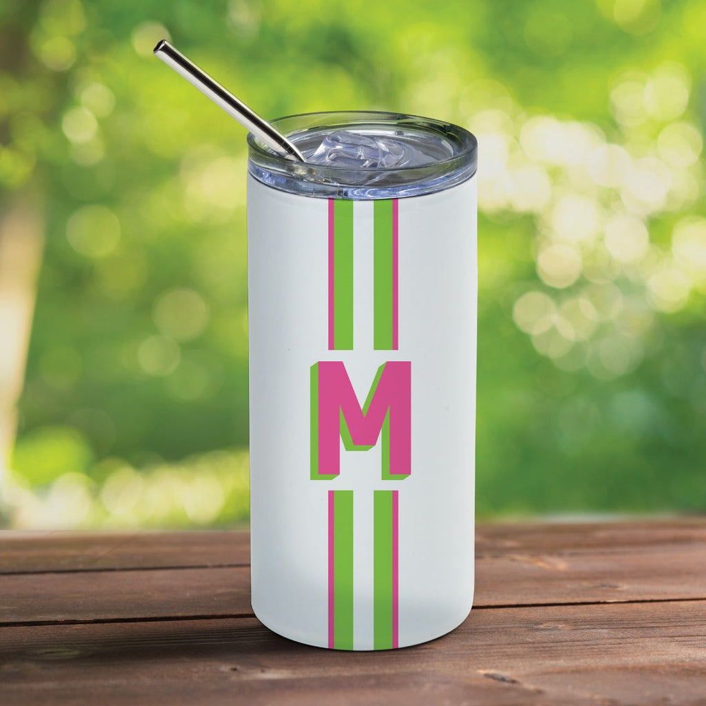 Preppy Pink & Green Initial Stainless Steel Tumbler With Straw