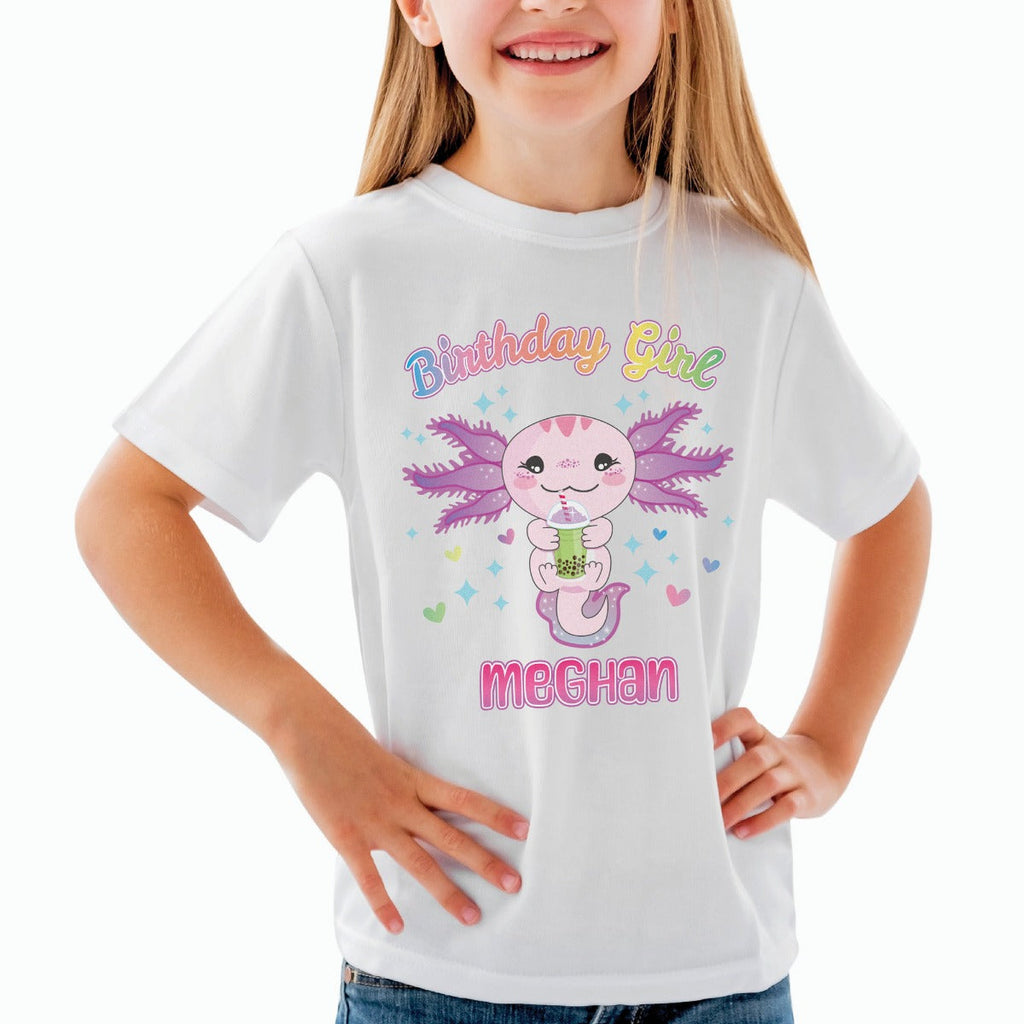 Birthday Girl Boba Tea Axolotl Youth Personalized White T-Shirt