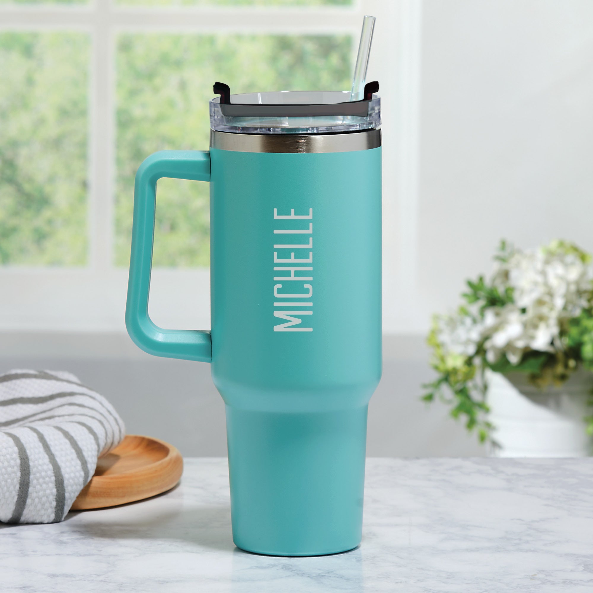 Block Name Aqua Stainless Steel 40 Oz Travel Mug with Handle