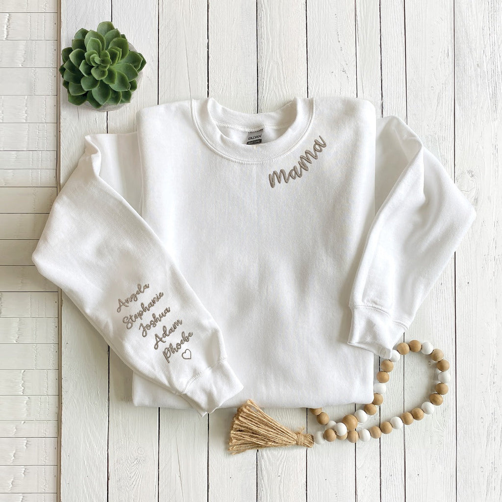 Embroidered Mama White Sweatshirt with Kid Names on Sleeve