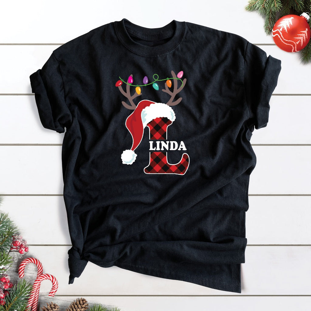 Santa Hat Antlers Initial with Name Black T-Shirt-Adult Small