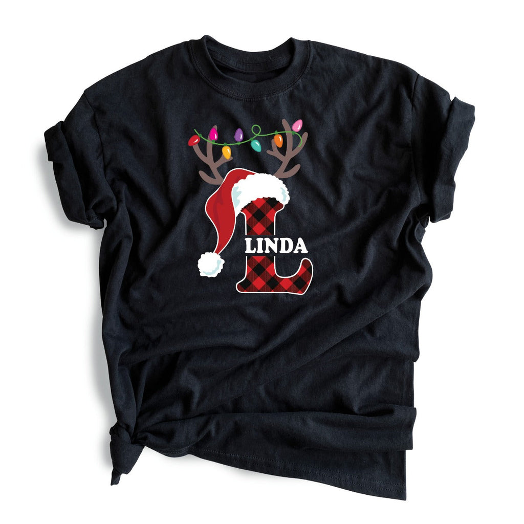 Santa Hat Antlers Initial with Name Black T-Shirt-Adult Small