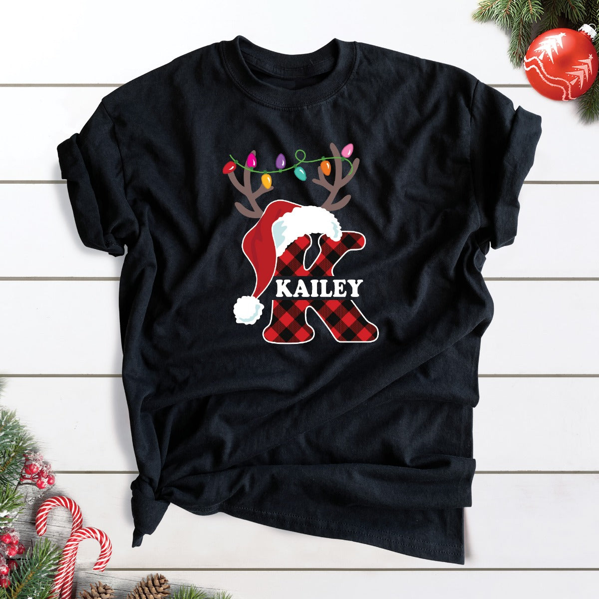 Santa Hat Antlers Initial with Name Black T-Shirt-Adult Medium