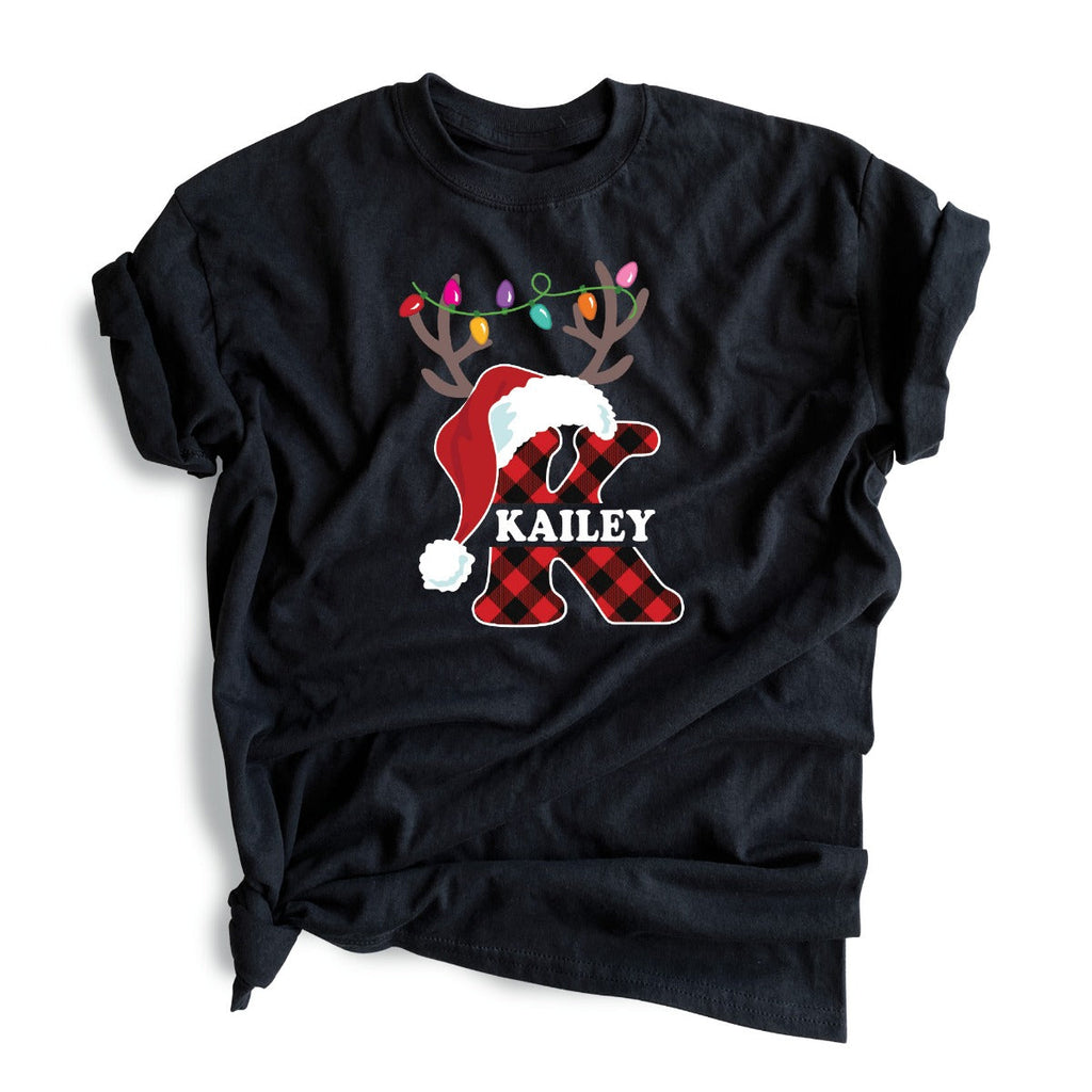 Santa Hat Antlers Initial with Name Black T-Shirt-Adult Medium