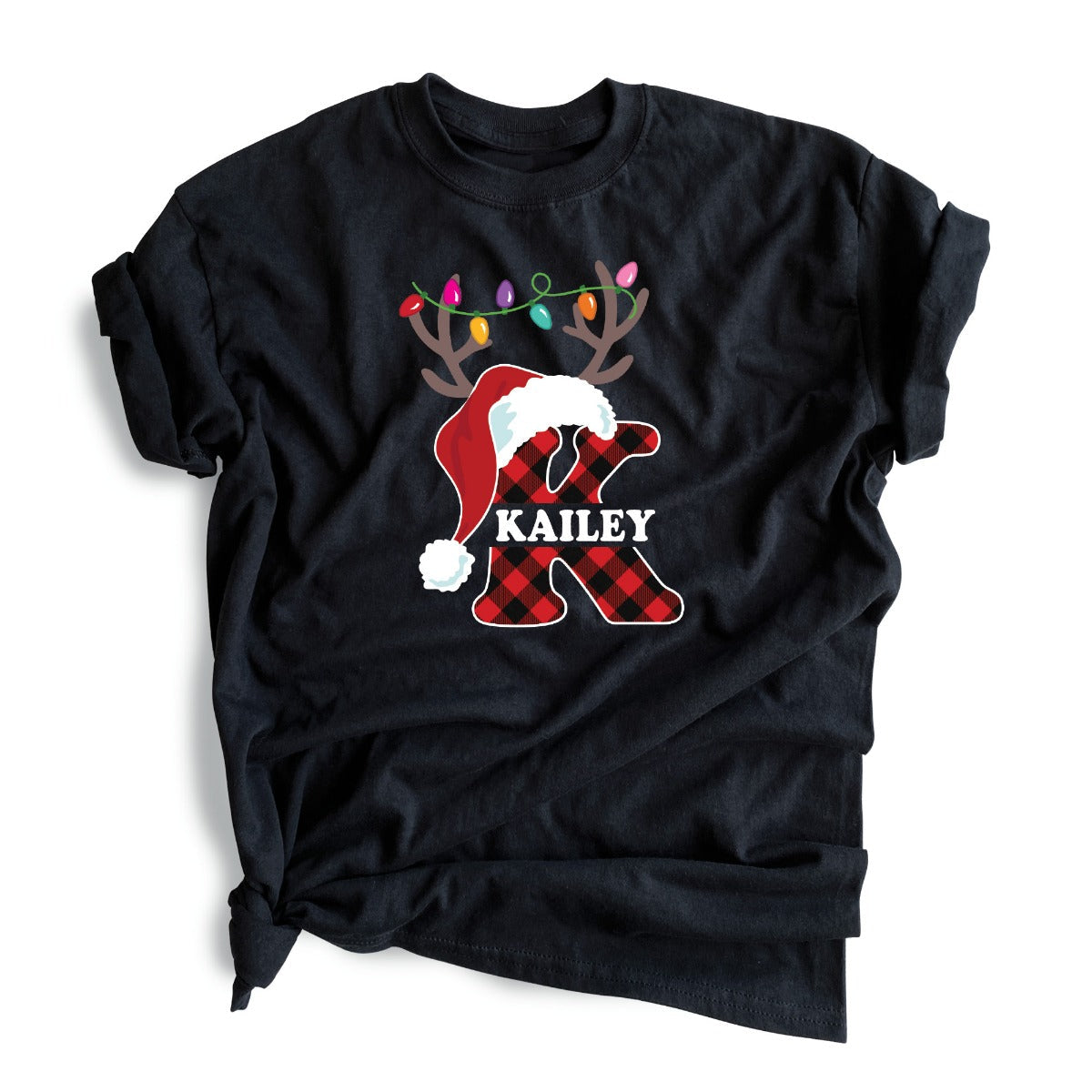 Santa Hat Antlers Initial with Name Black T-Shirt-Adult Medium