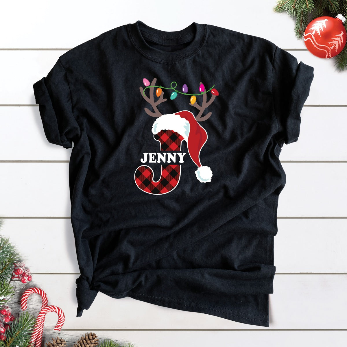 Santa Hat Antlers Initial with Name Black T-Shirt-Adult XLarge