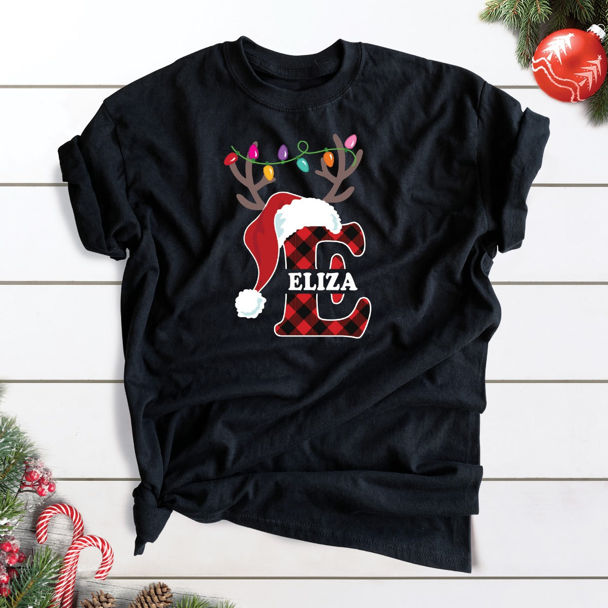 Santa Hat Antlers Initial with Name Black T-Shirt-Adult XXLarge