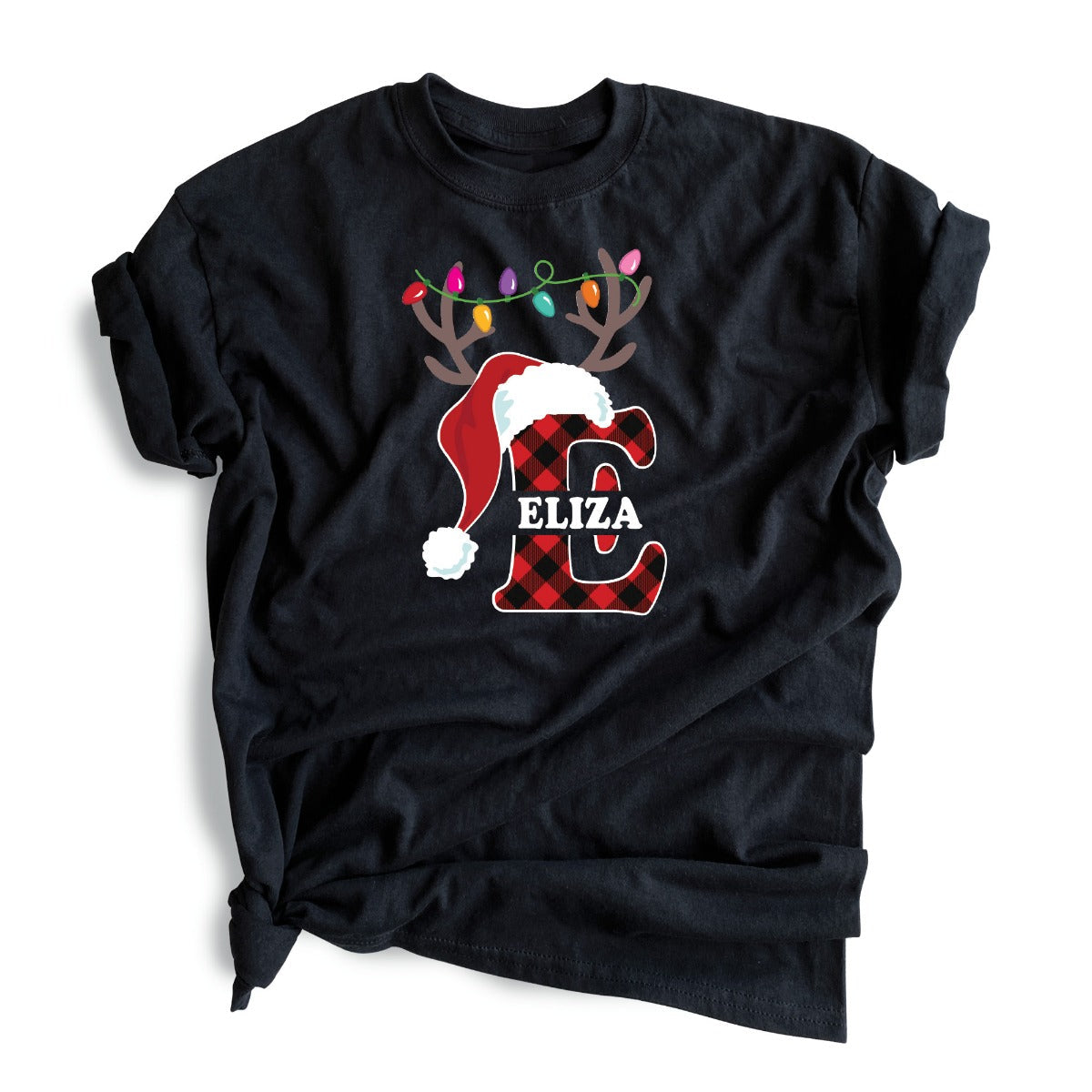 Santa Hat Antlers Initial with Name Black T-Shirt-Adult XXLarge