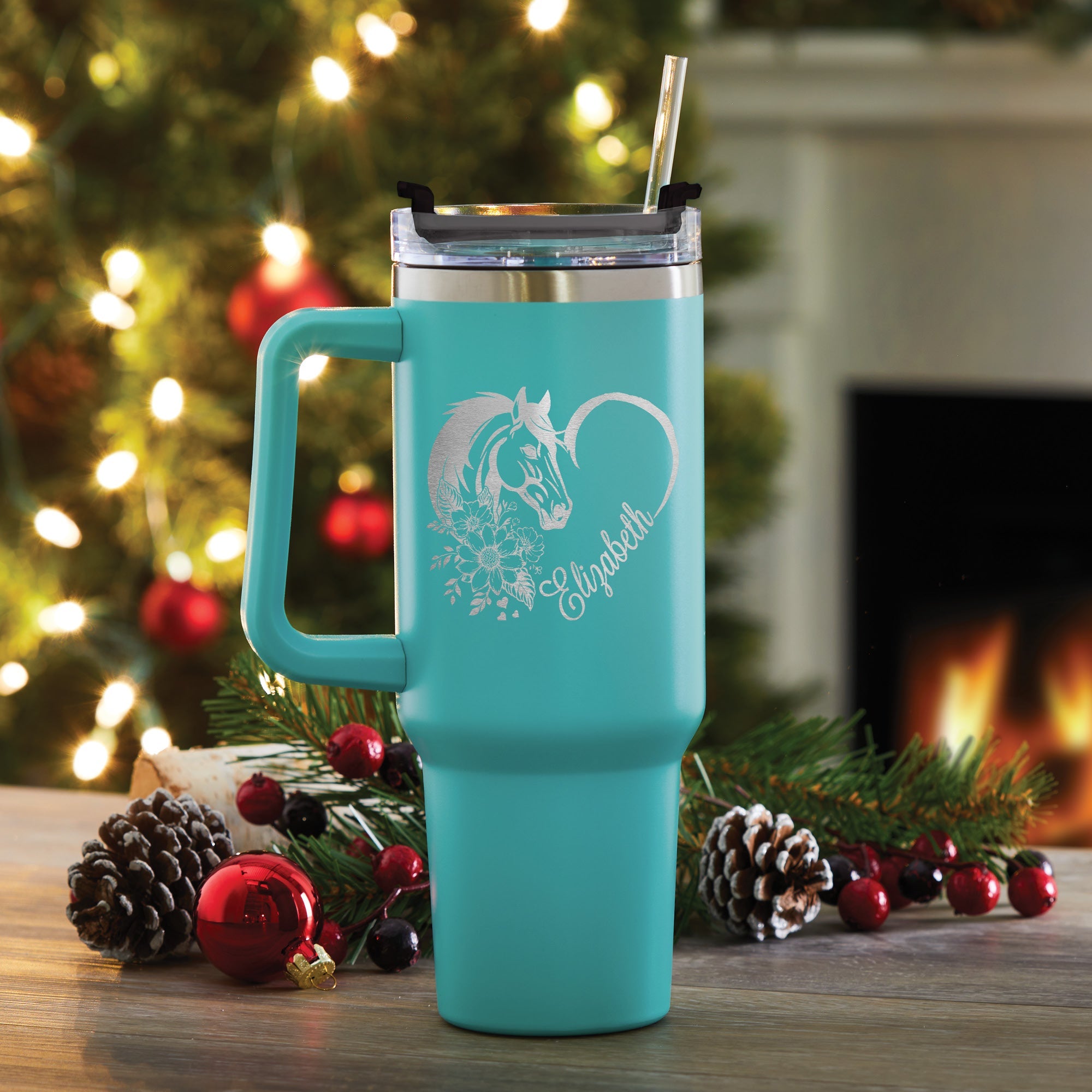 Horse Heart 40 Oz Travel Mug with Handle Stainless Steel - Aqua