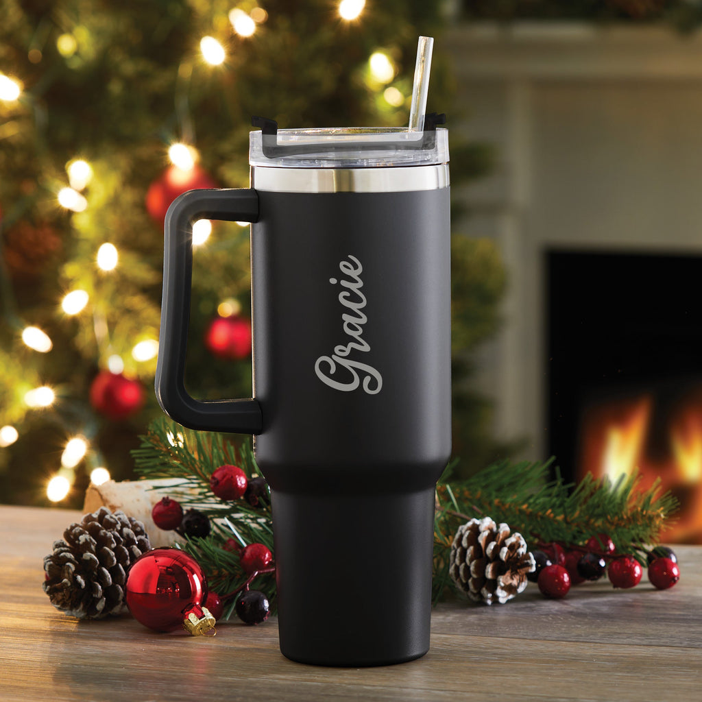 Script Name 40 Oz Travel Mug with Handle Stainless Steel - Black