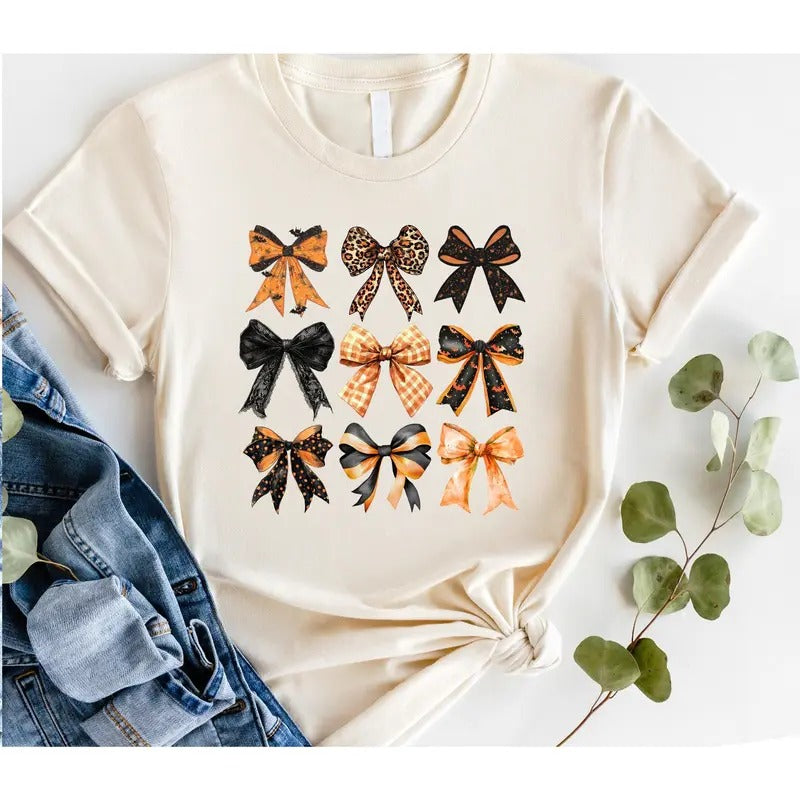 # 840 -  Orange Black Coquette Bows Halloween - Print Unisex Crew neck Tee T-shirt Top Womenswear Hoodie Sweatshirt