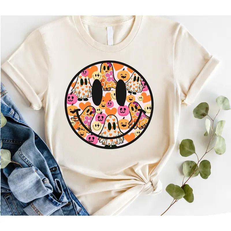 #847 - Pumpkin Smiley Ghost Halloween Fall - Print Unisex Crew neck Tee T-shirt Comfort Fabric Hoodie Sweatshirt