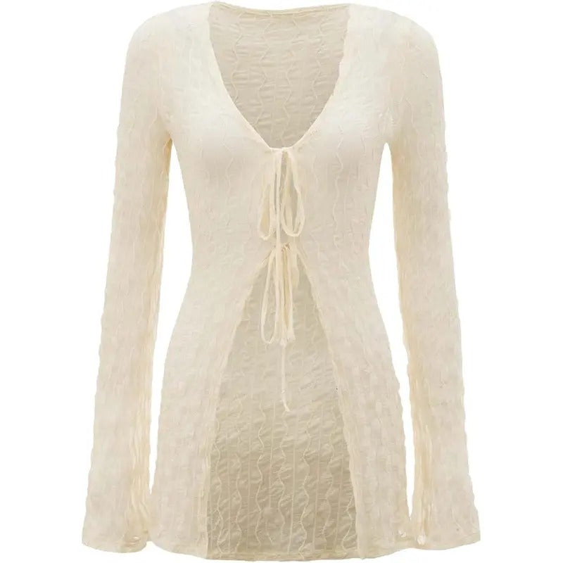 90s Top Bell Long Sleeve Tie Front Textured Sheer T-Shirt CardiganY2K Hoodie, Sweatshirt | PrintMintTees.com