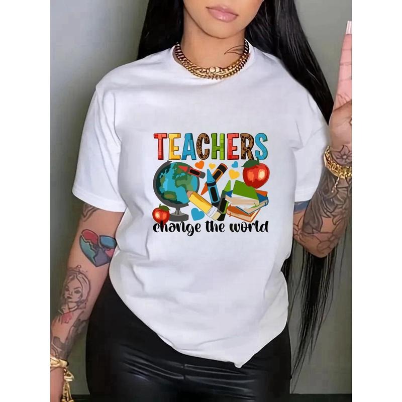 A Cute Teacher-Themed Graphic Round-Neck T-Shirt for Women, Perfect for Spring And Summer Casual Sportswear,...