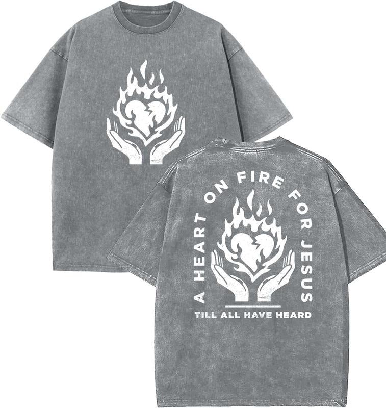 A Heart On Fire For Jesus Unisex Washed T-Shirt,  Christian Tshirts, Vintage 90s Graphic Tee, Gift Top Womenswear Cotton...