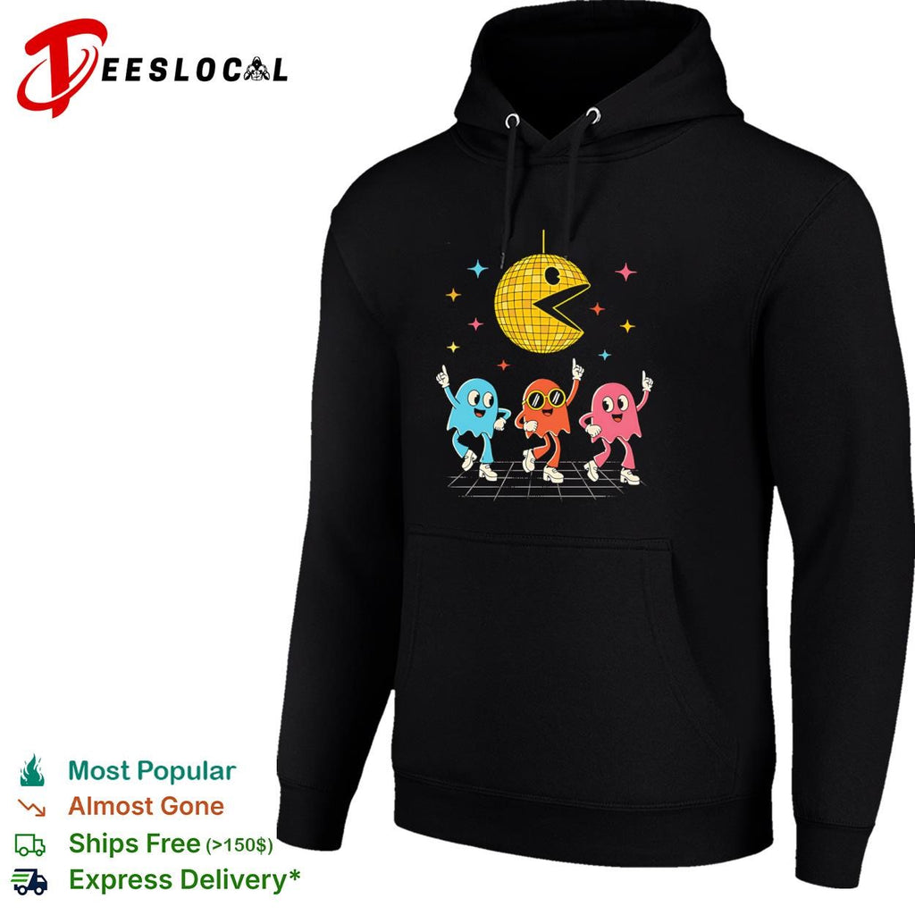 A Pac-Man disco ball and dancing ghosts shirt