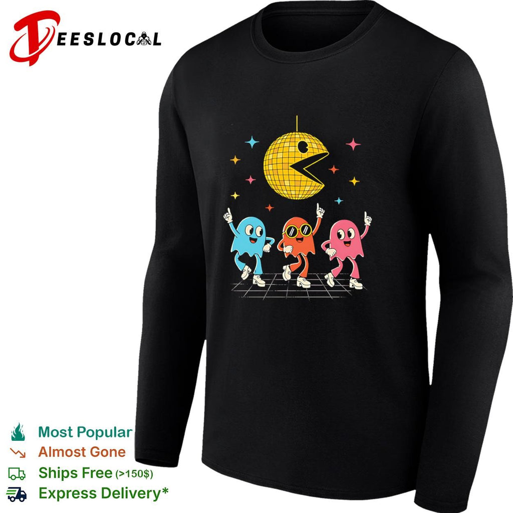 A Pac-Man disco ball and dancing ghosts shirt