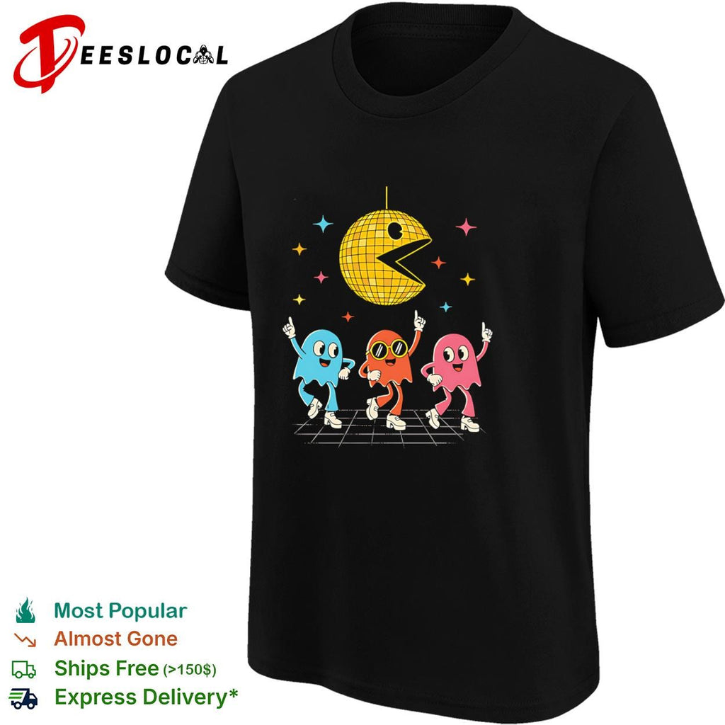 A Pac-Man disco ball and dancing ghosts shirt
