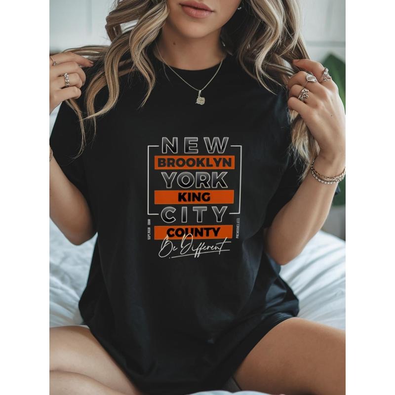 A Women'S Casual Short-Sleeved T-Shirt with a "King County, Brooklyn, New York, Different" Pattern Design, Short-Sleeved,...
