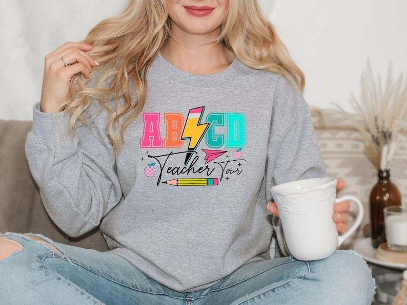 ABCD Teacher Tour Sweatshirt, Back to School Sweatshirt, Retro Abcd Teacher Gifts, Retro Teacher Sweater, Teacher Life...