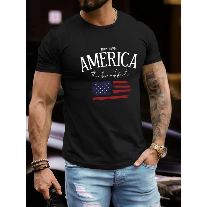 AMERICA EST 1776 Print, Men's Crew Neck Short Sleeve Summer T-shirt, Casual Comfy Top For Daily Wear Made in USA Hoodie...