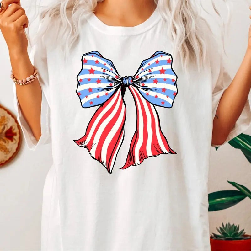 AMERICAN FLAG BOW SHIRT, 4TH OF JULY SHIRT, JULY 4TH SHIRT UNISEX COTTON SHIRT, OVERSIZED HOLIDAY SUMMER SHIRT  Fabric,...