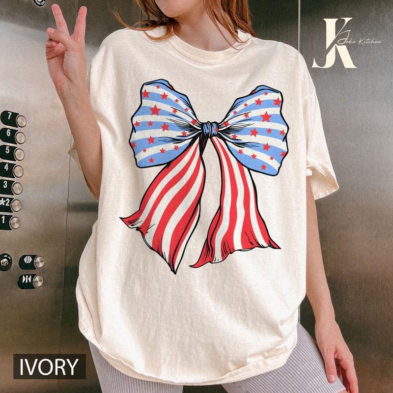 AMERICAN FLAG BOW SHIRT, 4TH OF JULY SHIRT, JULY 4TH SHIRT UNISEX COTTON SHIRT, OVERSIZED HOLIDAY SUMMER SHIRT Comfort...