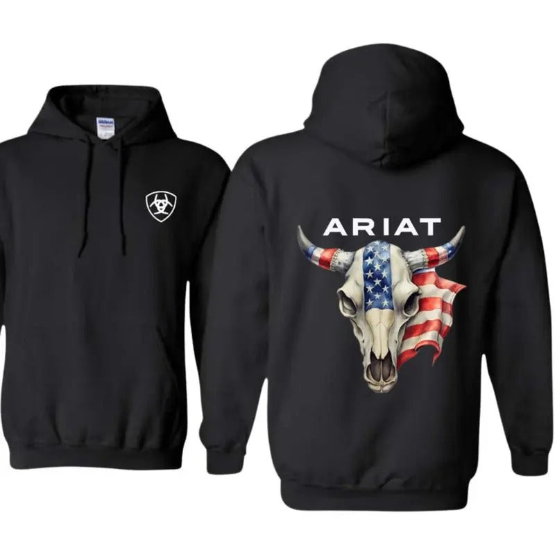 ARIAT Hoodie Featuring a bold bull skull with the American flag design Shirt Full Color For Men and Women Sweatshirt...